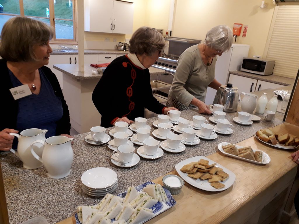 Refreshment time at the WI monthly meeting: ready for the off! (Lines of cups and plates of edibles)